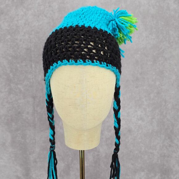 Blue Black Braid Pom Pom Tassel Crochet Funky Knit Bucket Cap Hat Beanie - Picture 2 of 4